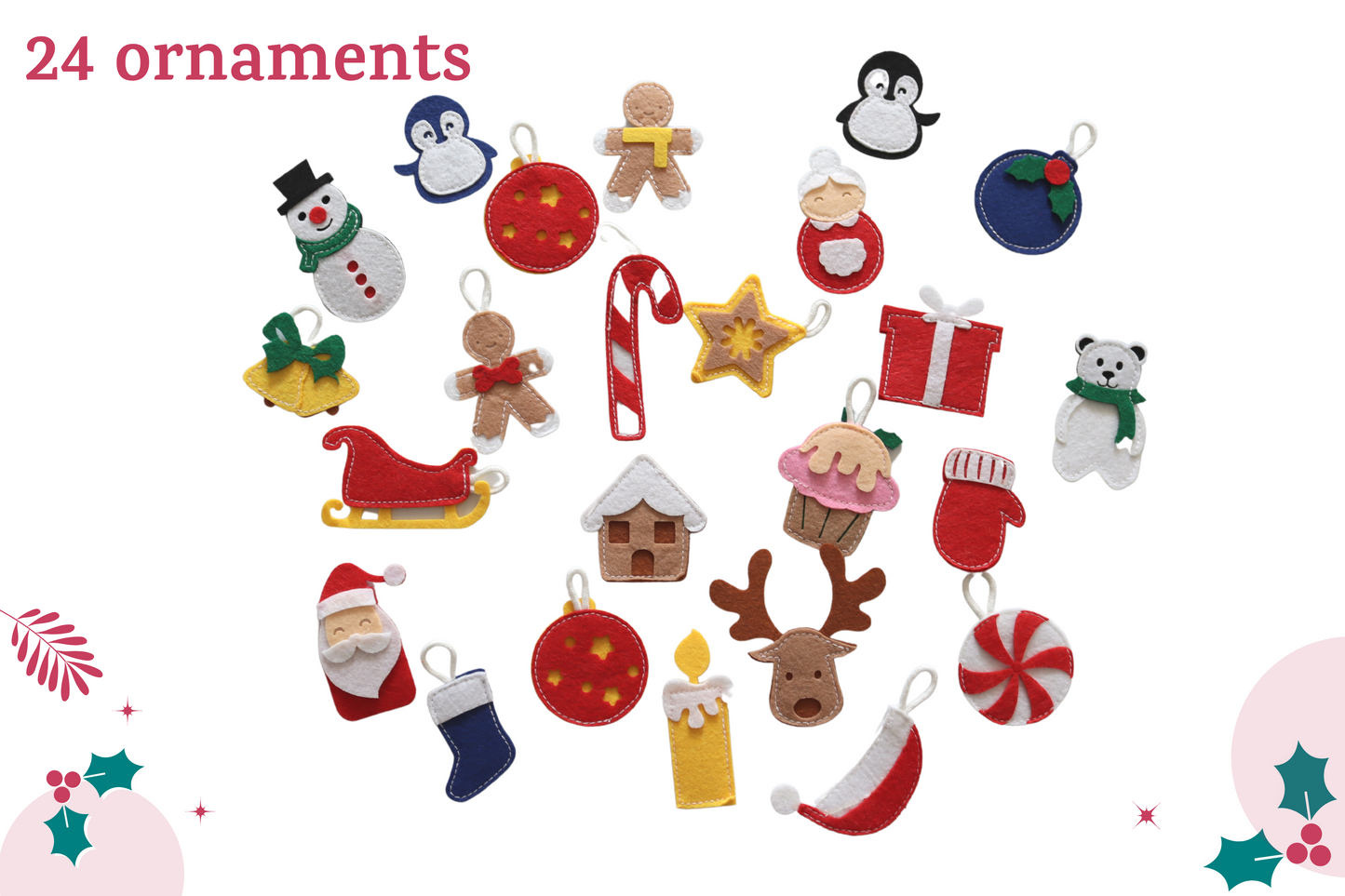 Weihnachtsbaum mit Adventskalender, a collection of felt christmas ornaments on a white background