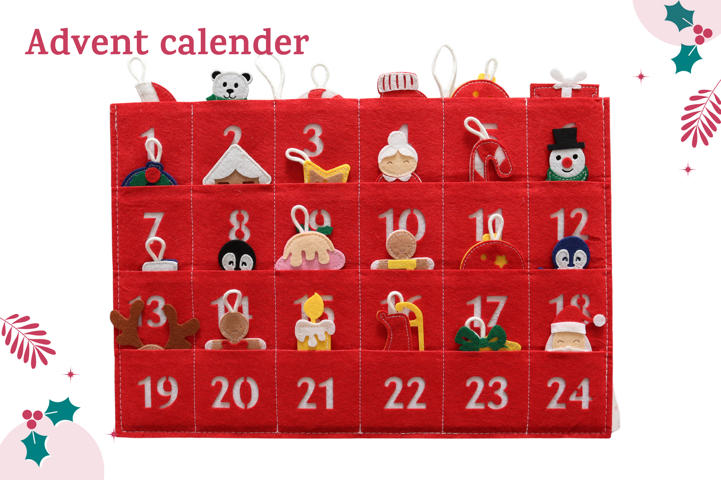 Weihnachtsbaum mit Adventskalender, a red calendar with a bunch of different items on it